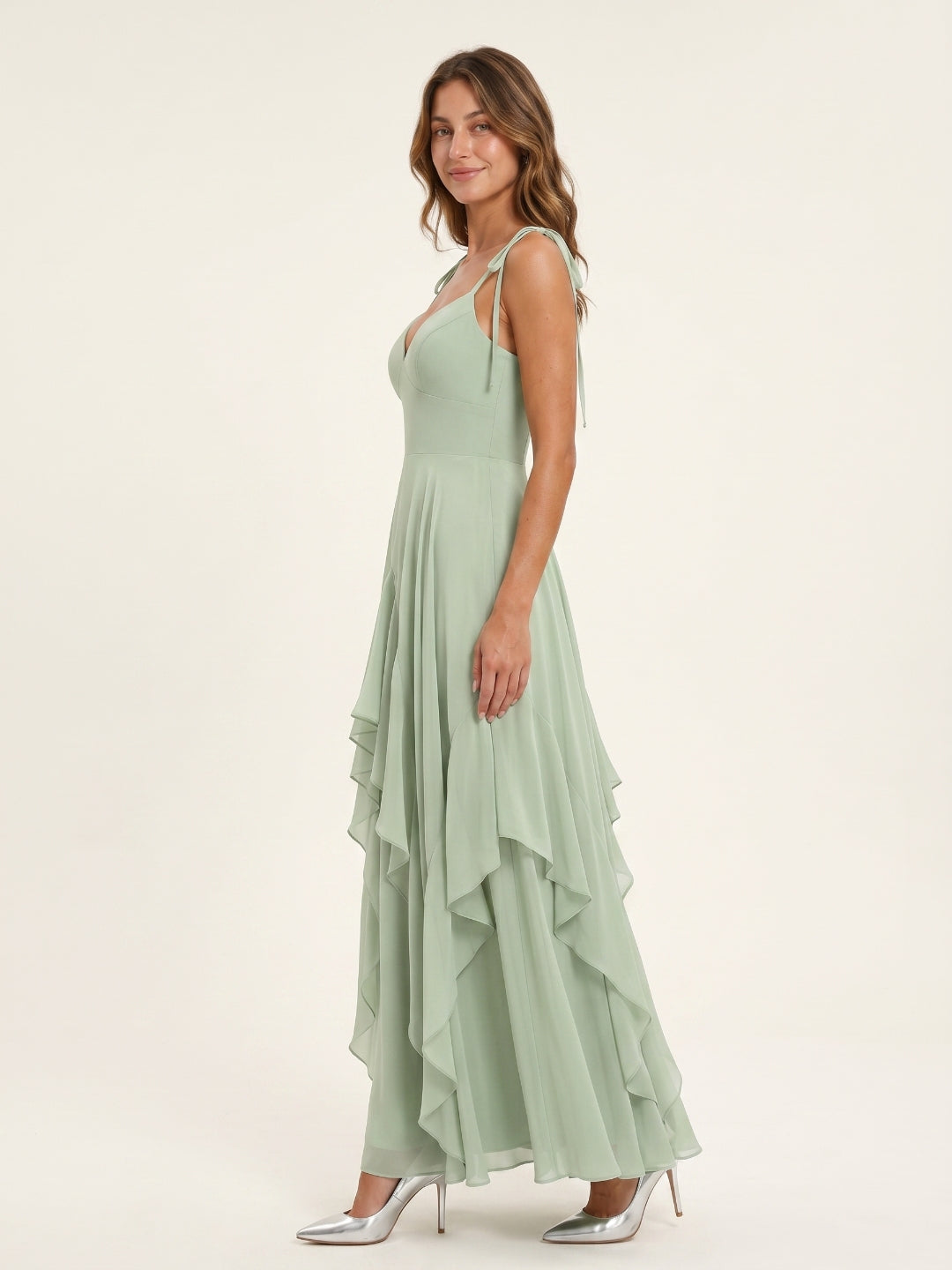 Breezy Dusty Sage Chiffon A-Line V-Neck Backless Floor-Length Bridesmaid Dress with Ruffle
