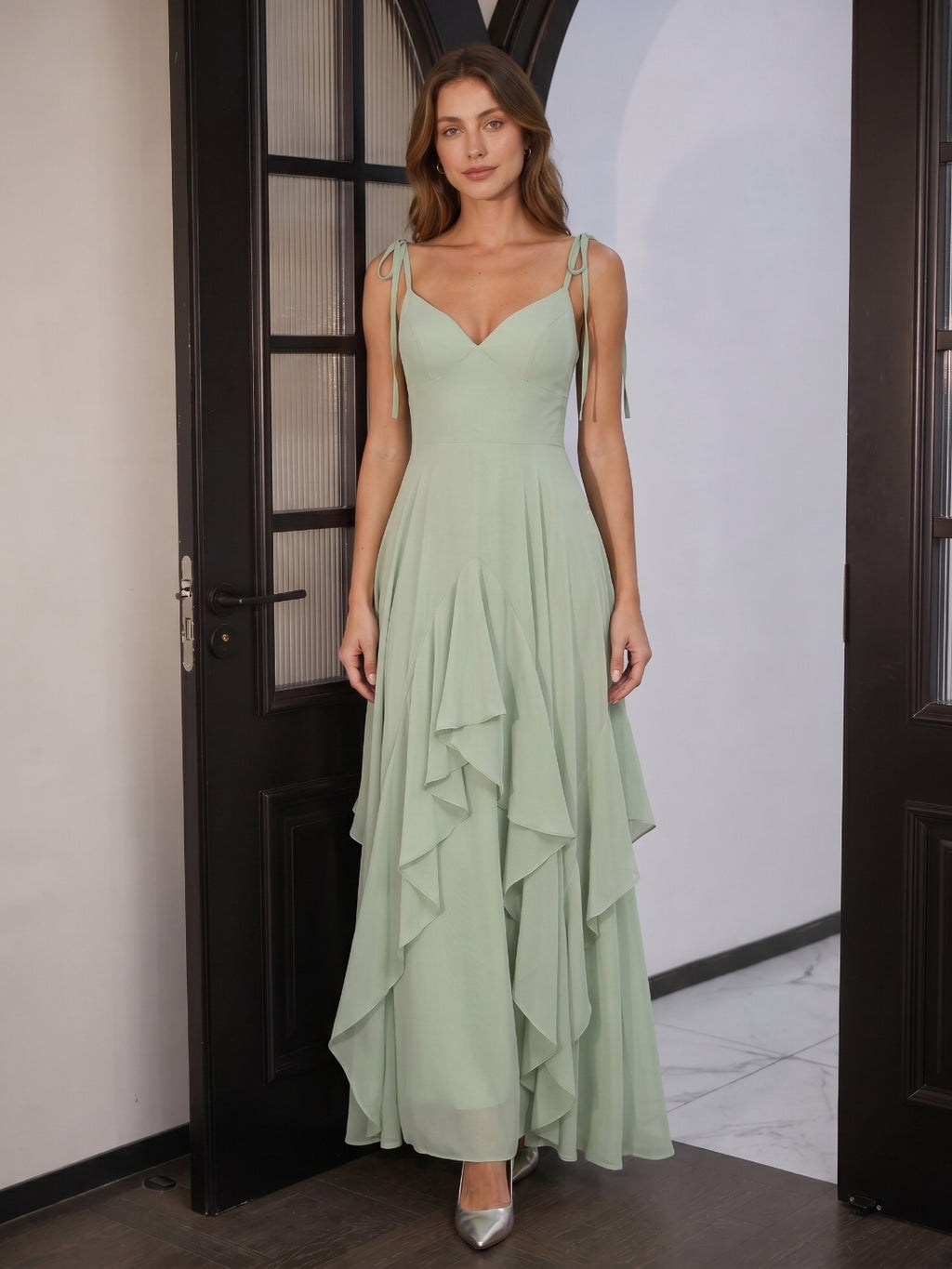 Breezy Dusty Sage Chiffon A-Line V-Neck Backless Floor-Length Bridesmaid Dress with Ruffle