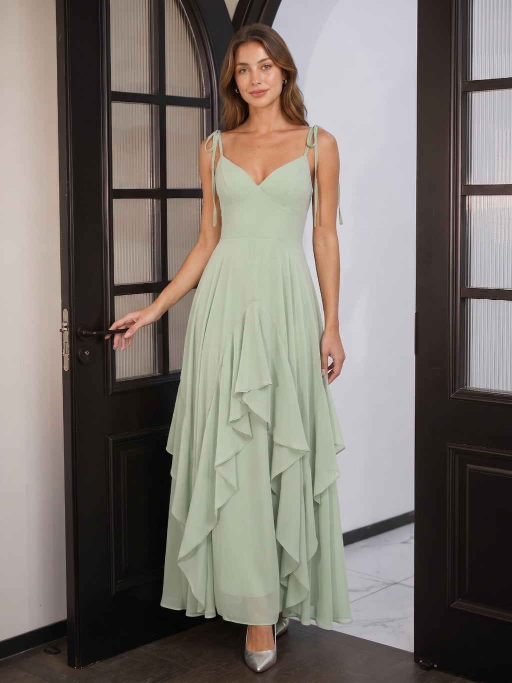 Breezy Dusty Sage Chiffon A-Line V-Neck Backless Floor-Length Bridesmaid Dress with Ruffle