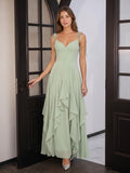 Breezy Dusty Sage Chiffon A-Line V-Neck Backless Floor-Length Bridesmaid Dress with Ruffle