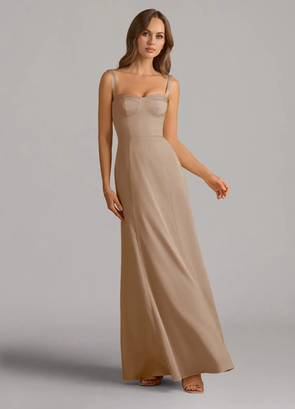 Bridal Party Essential Taupe Satin Bridesmaid Dresses with Sweetheart Neck, Corset Back and Flowing A-Line Silhouette