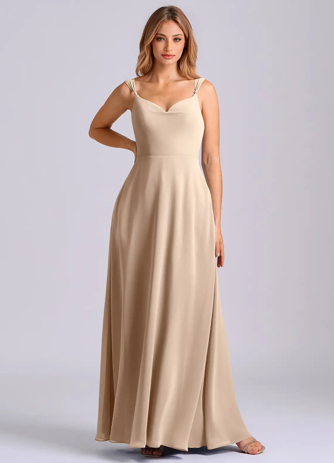 Bridesmaid Dresses Elegant Chiffon Cowl Neck Adjustable Spaghetti Strap Bow Back Floor-Length