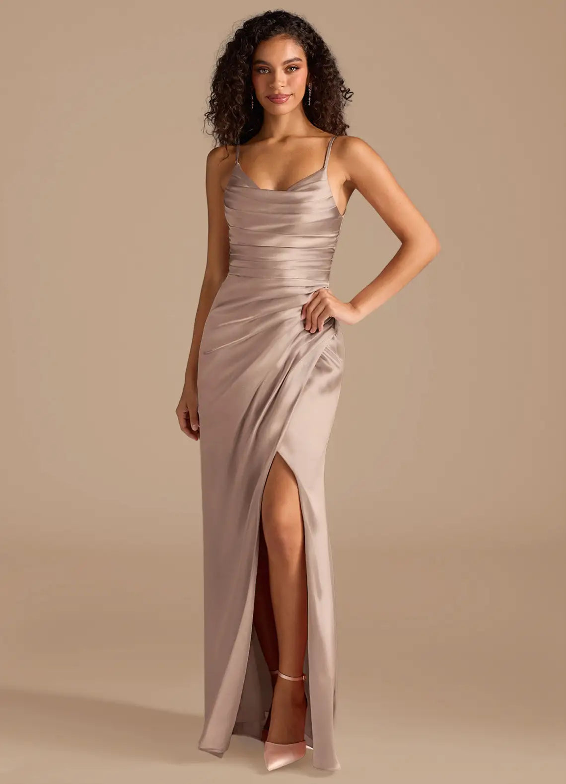 Bridesmaid Dresses Luxe Satin Cowl Neck Ruched Bodice Adjustable Spaghetti Strap High Slit Floor-Length