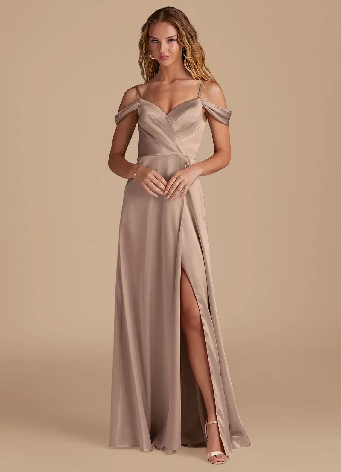 Bridesmaid Dresses Luxe Satin Off-Shoulder Adjustable Spaghetti Strap High Slit Floor-Length Gown