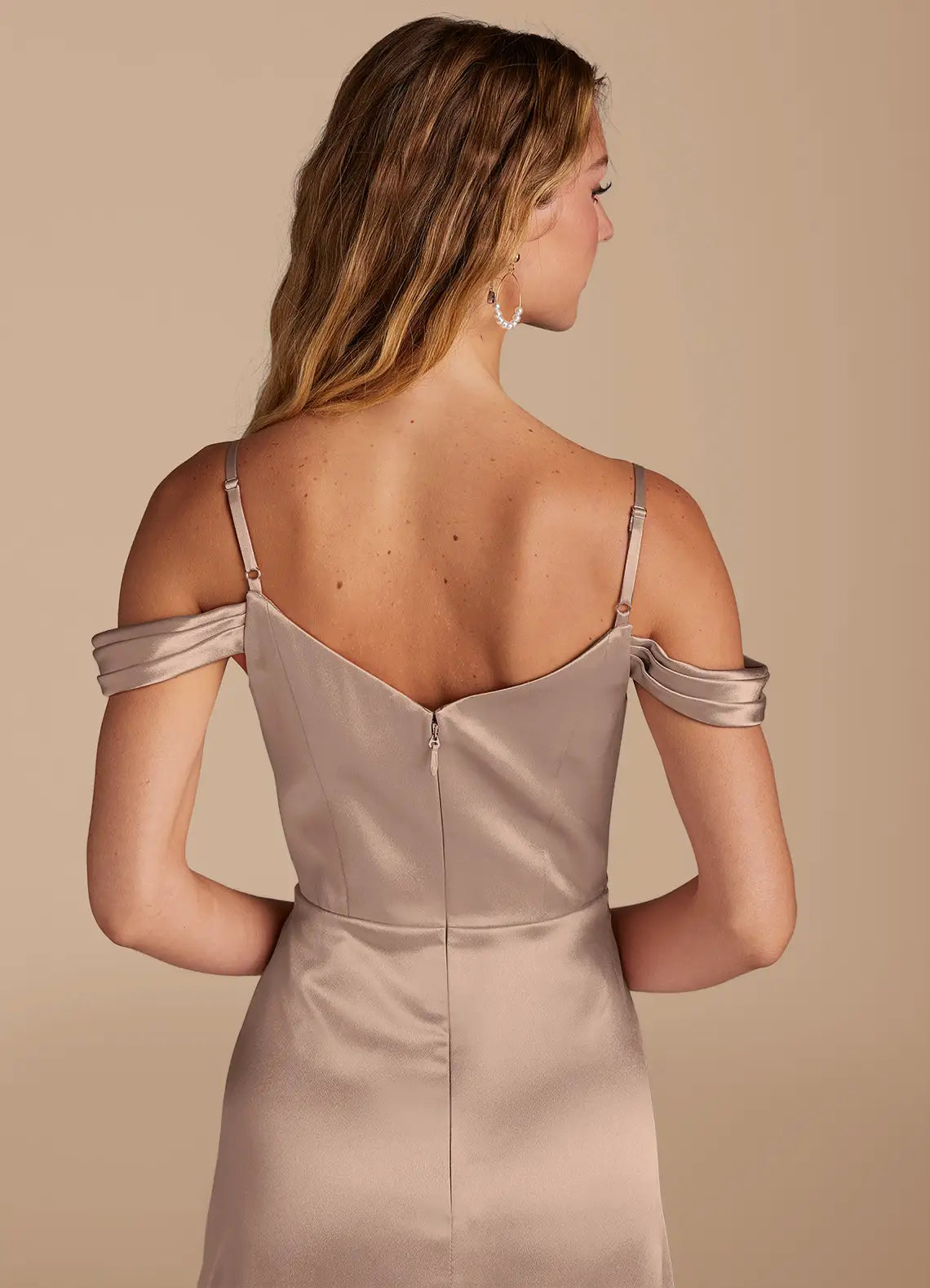 Bridesmaid Dresses Luxe Satin Off-Shoulder Adjustable Spaghetti Strap High Slit Floor-Length Gown