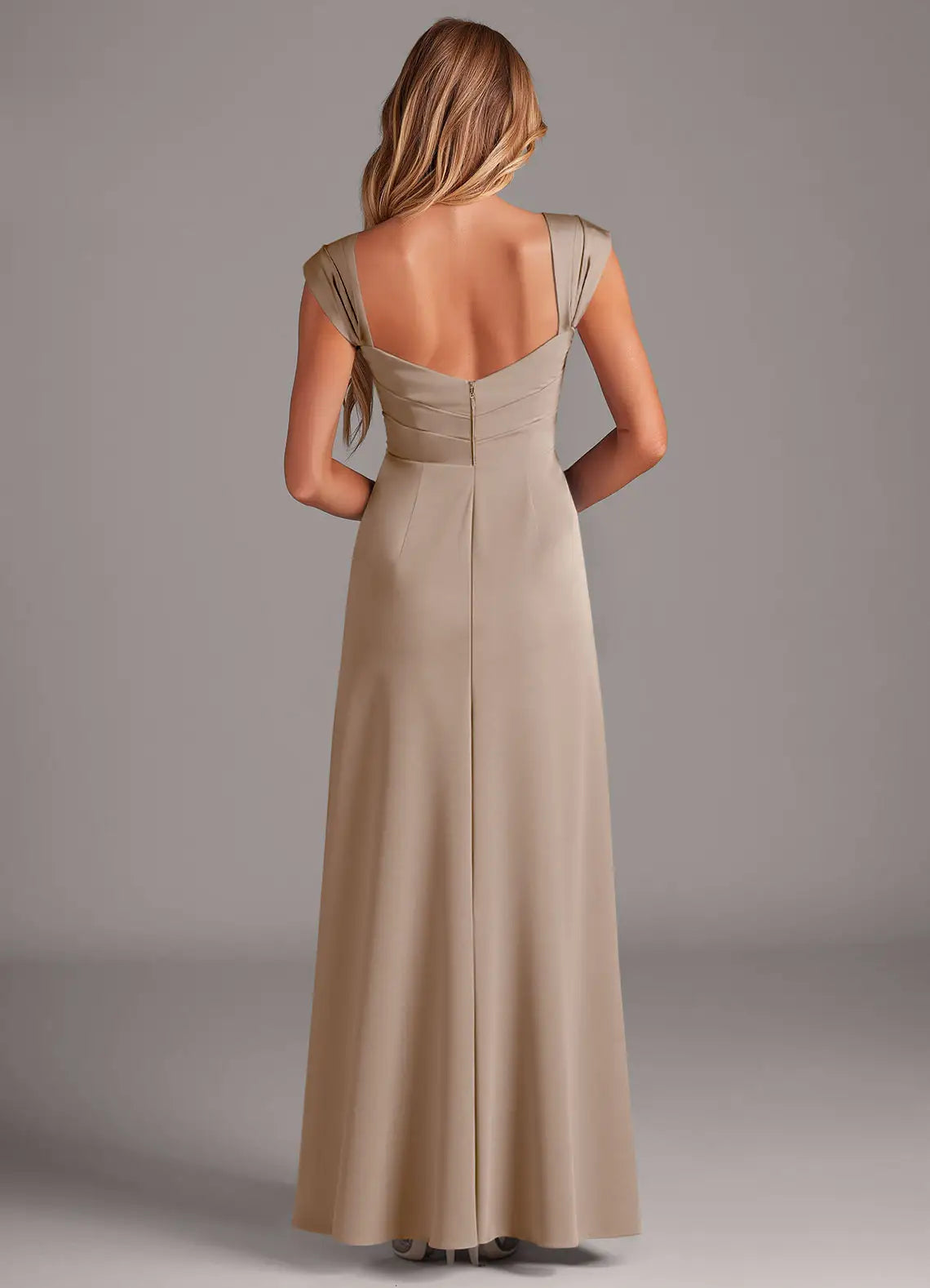 Bridesmaid Dresses Luxe Satin Ruched Bodice Cap Sleeve High Slit Floor-Length Evening Dress