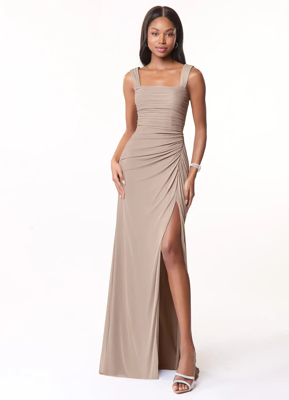 Bridesmaid Dresses Sleek Jersey Ruched Bodice Square Neck Bow Back High Slit Floor-Length