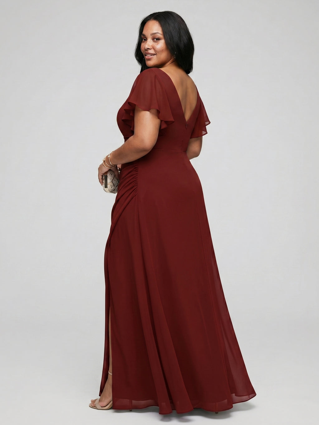 Modest Burgundy Chiffon A-Line Scoop Neck V-Back with nan Ankle-Length Bridesmaid Dress