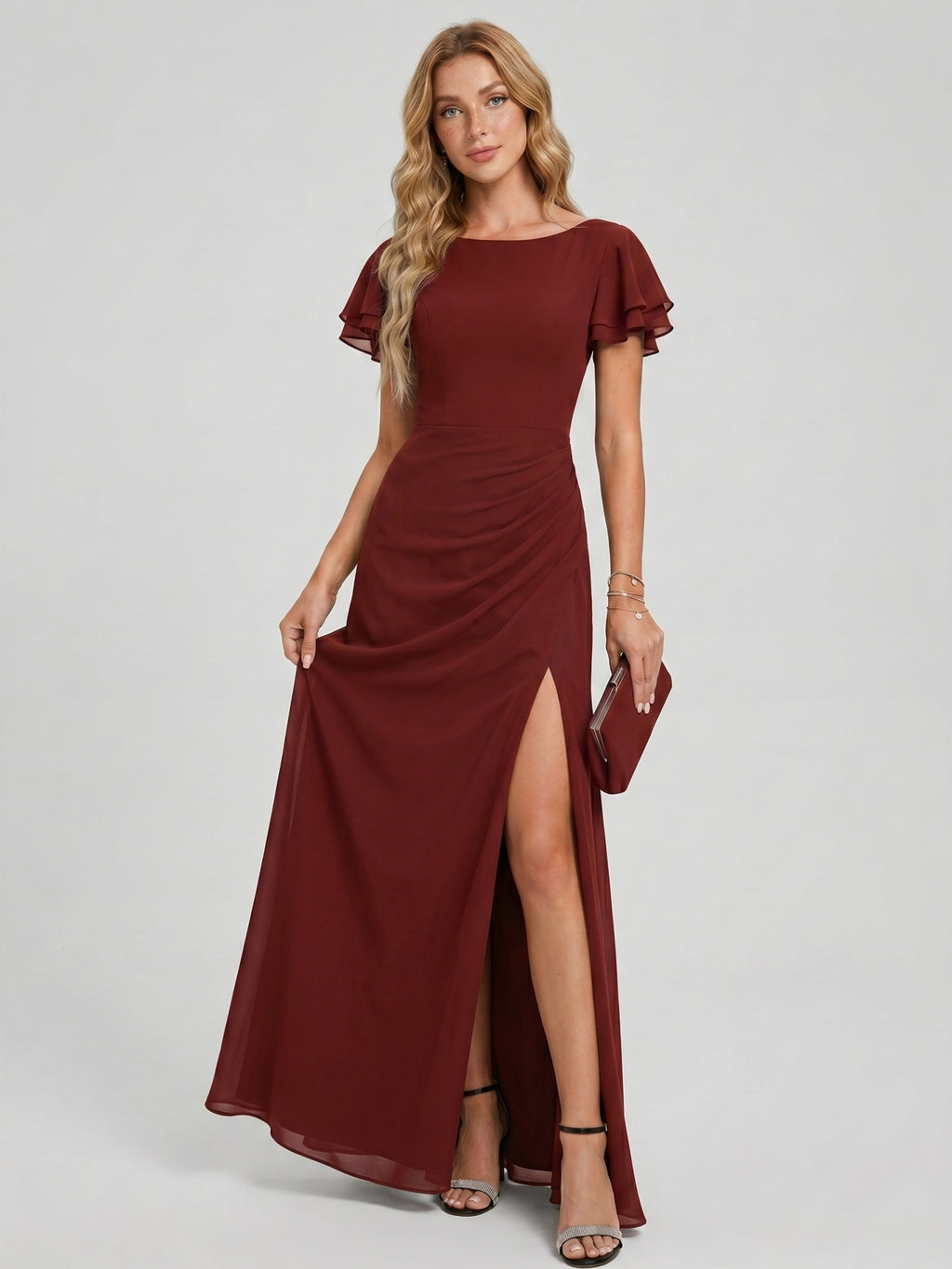 Modest Burgundy Chiffon A-Line Scoop Neck V-Back with nan Ankle-Length Bridesmaid Dress