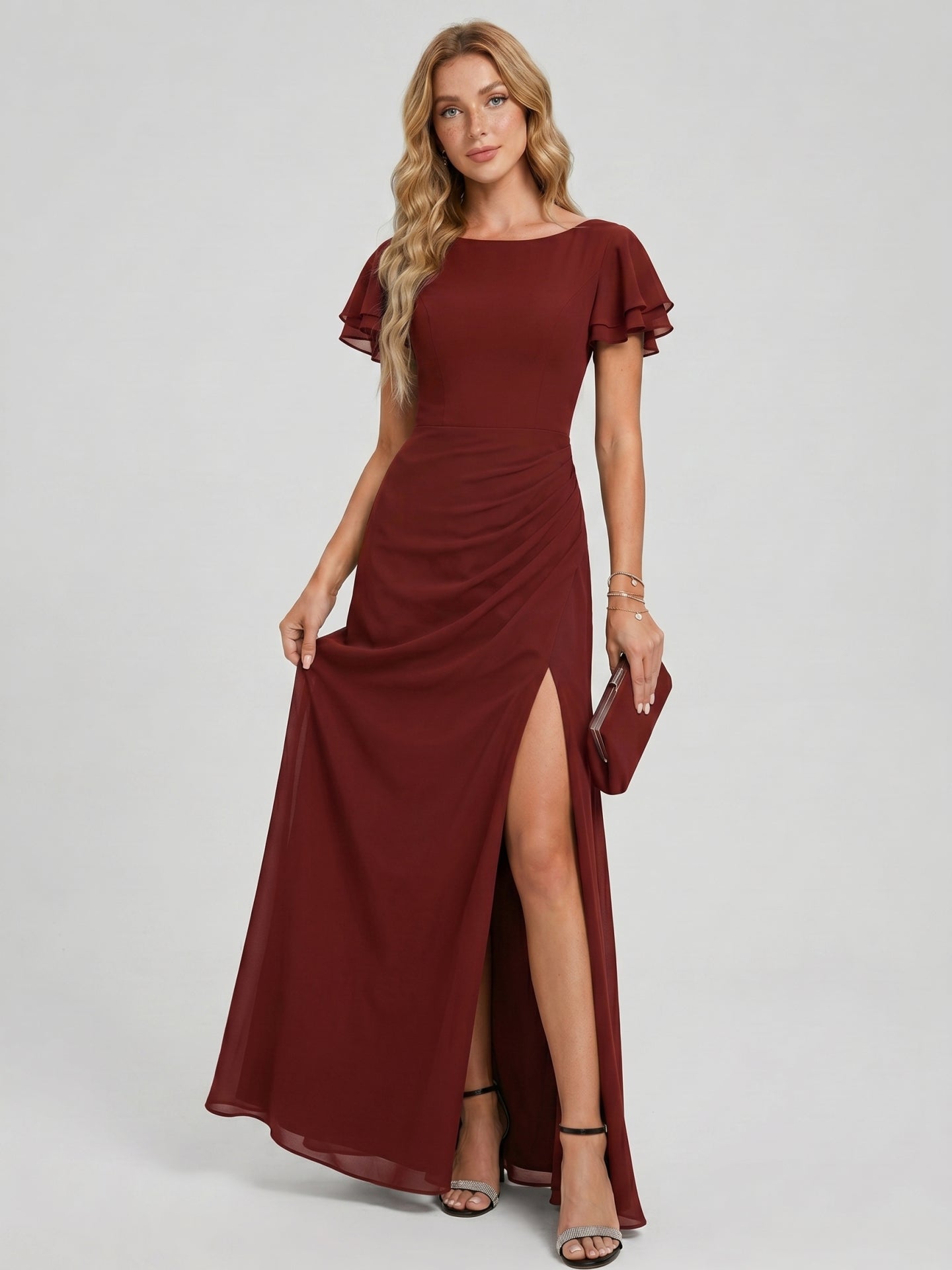 Modest Burgundy Chiffon A-Line Scoop Neck V-Back with nan Ankle-Length Bridesmaid Dress