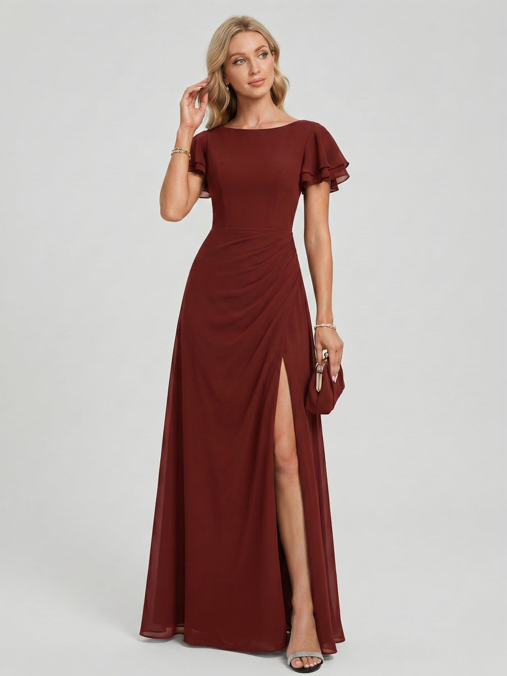Modest Burgundy Chiffon A-Line Scoop Neck V-Back with nan Ankle-Length Bridesmaid Dress