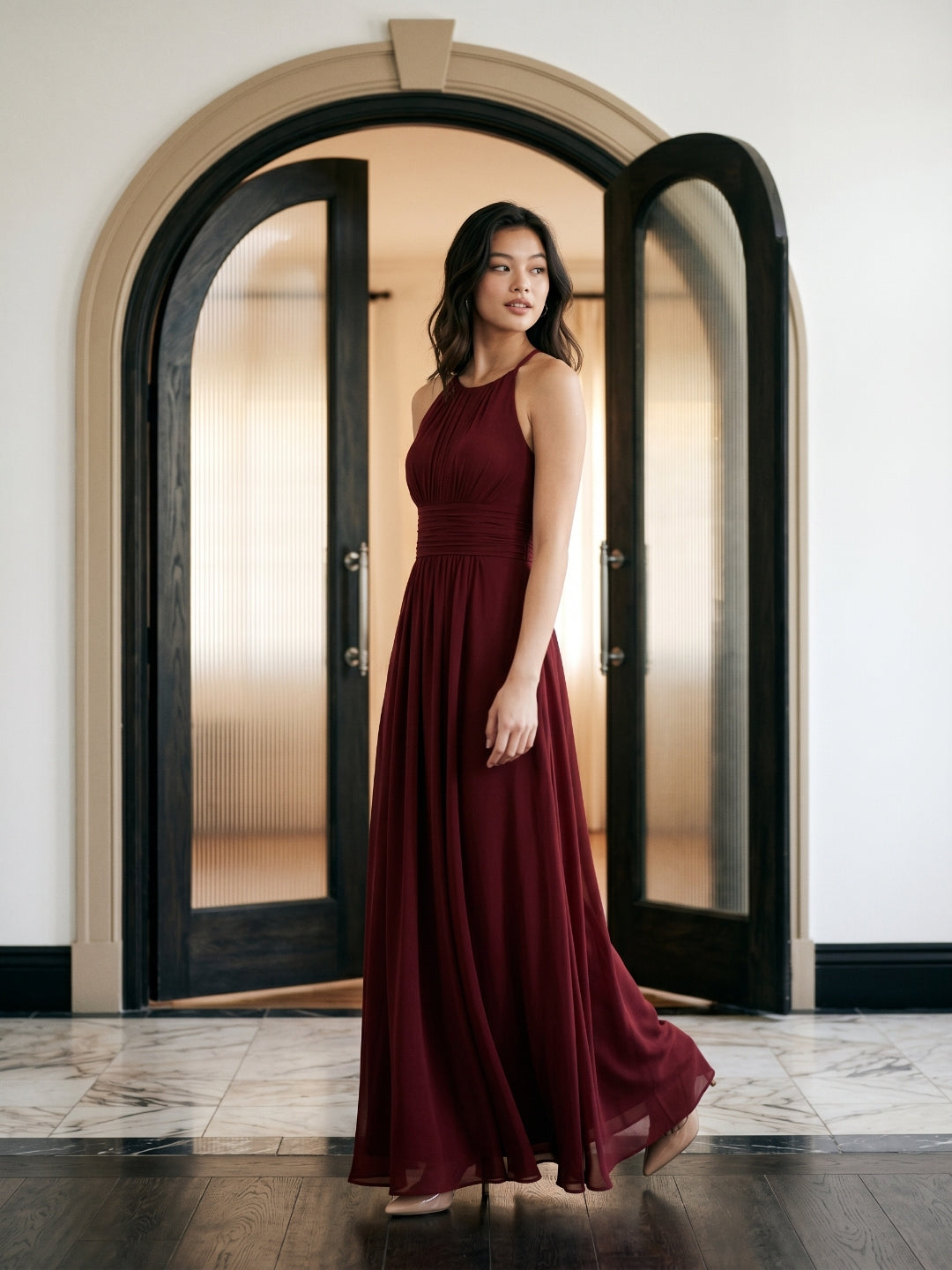 Burgundy Chiffon A-Line Halter Neckline Keyhole Back Floor-Length Bridesmaid Dress with Pleating