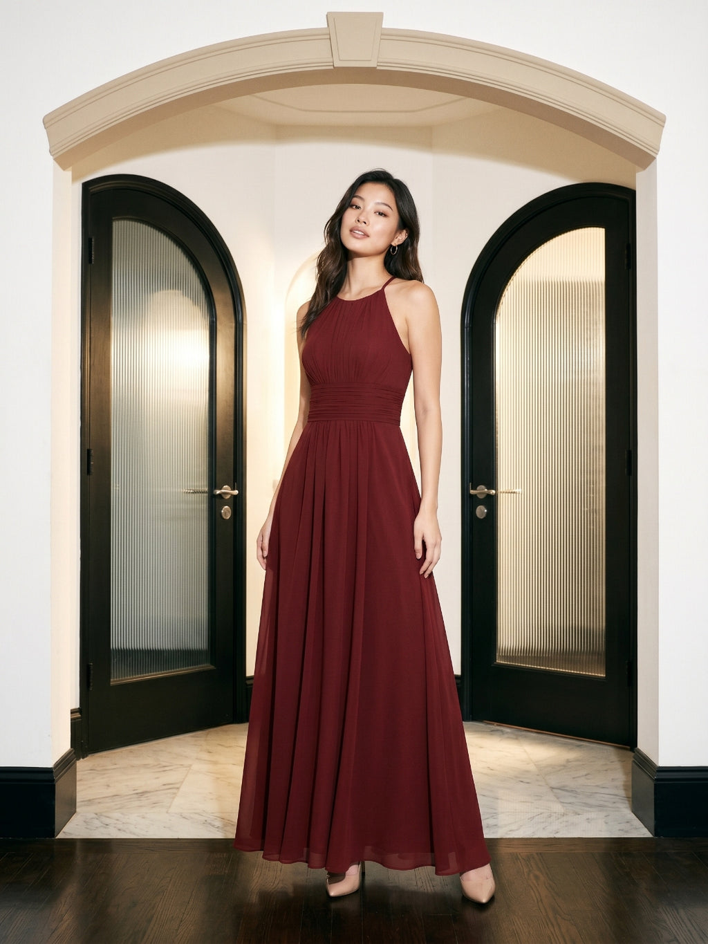 Burgundy Chiffon A-Line Halter Neckline Keyhole Back Floor-Length Bridesmaid Dress with Pleating
