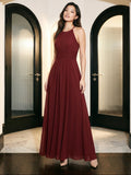 Burgundy Chiffon A-Line Halter Neckline Keyhole Back Floor-Length Bridesmaid Dress with Pleating