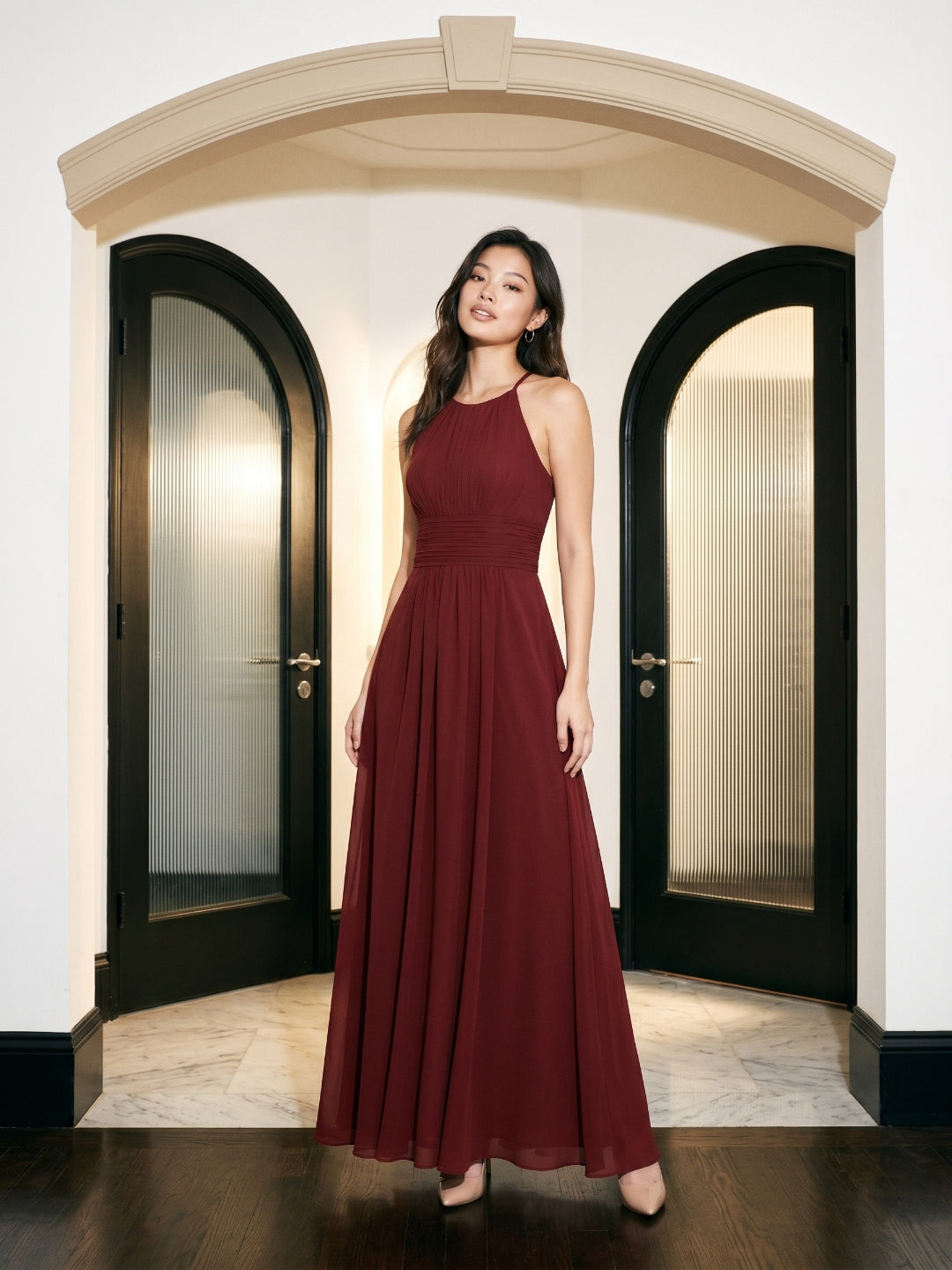 Burgundy Chiffon A-Line Halter Neckline Keyhole Back Floor-Length Bridesmaid Dress with Pleating
