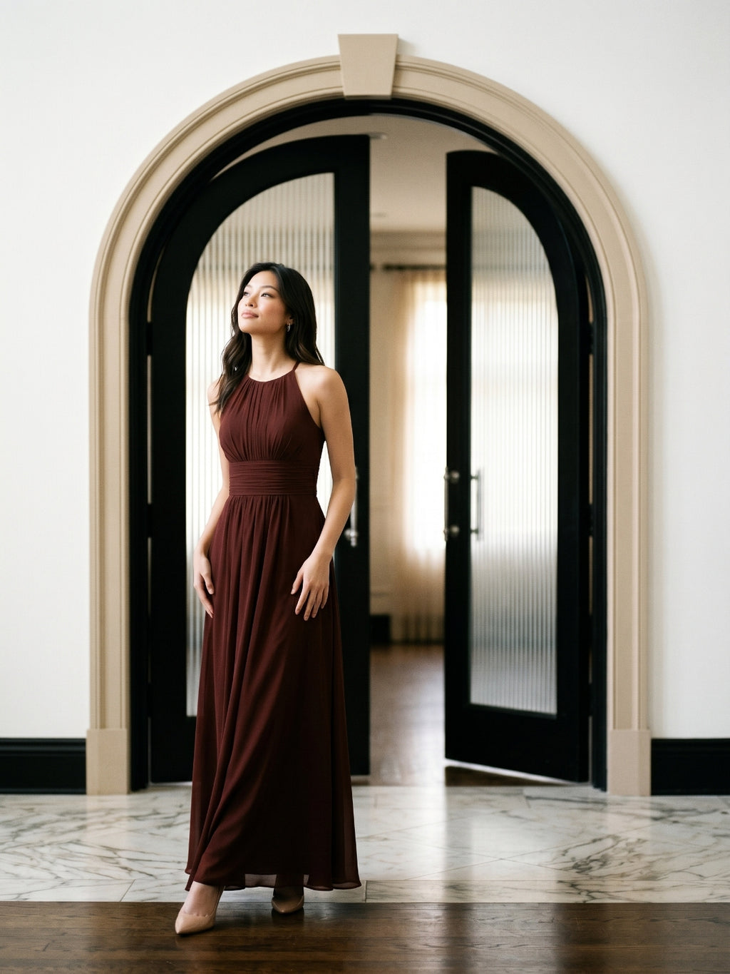 Burgundy Chiffon A-Line Halter Neckline Keyhole Back Floor-Length Bridesmaid Dress with Pleating
