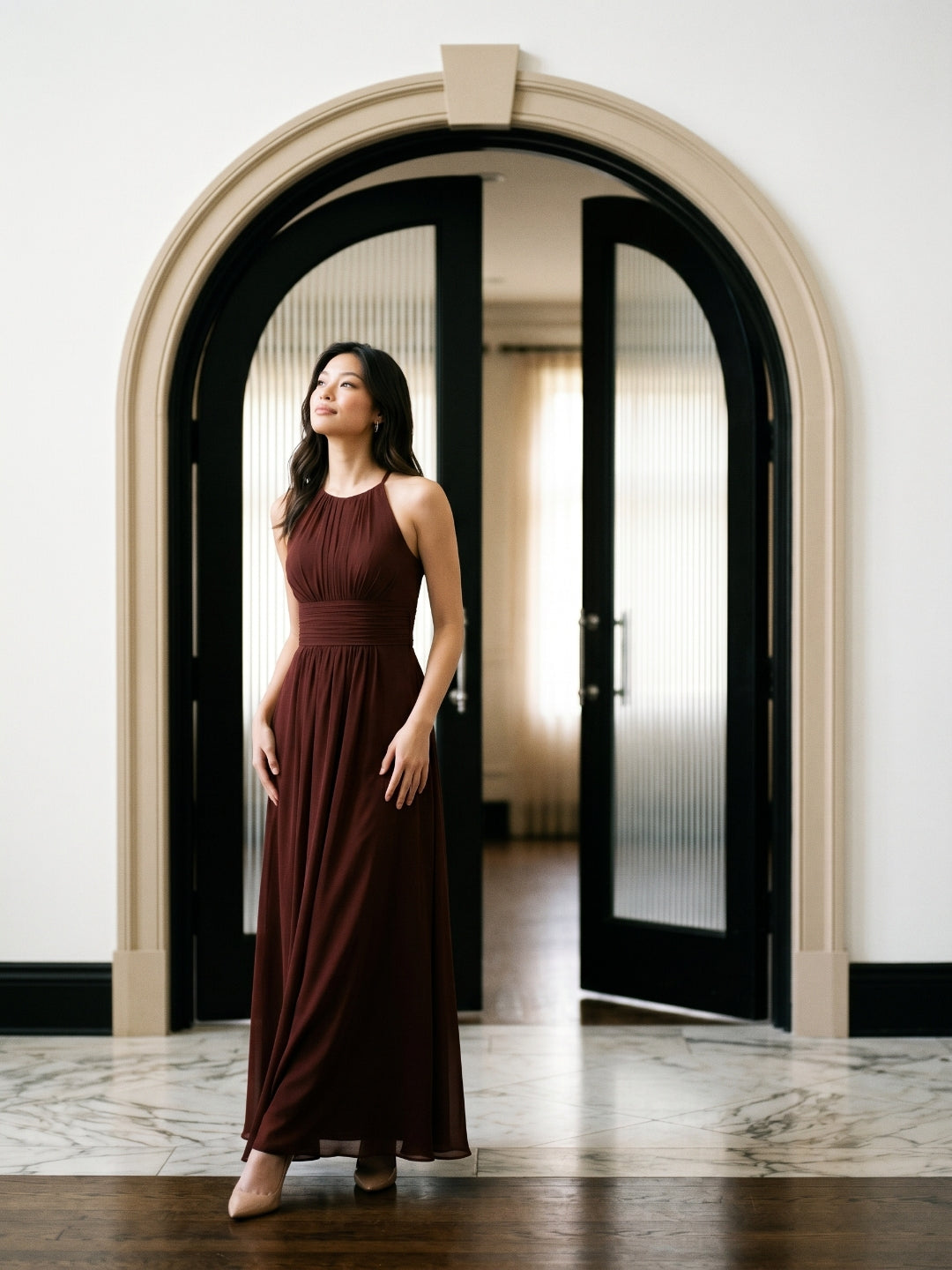Burgundy Chiffon A-Line Halter Neckline Keyhole Back Floor-Length Bridesmaid Dress with Pleating