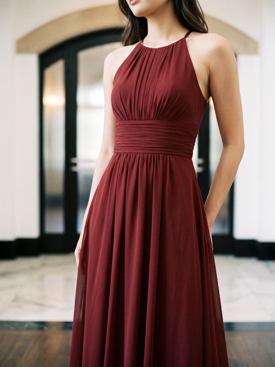 Burgundy Chiffon A-Line Halter Neckline Keyhole Back Floor-Length Bridesmaid Dress with Pleating