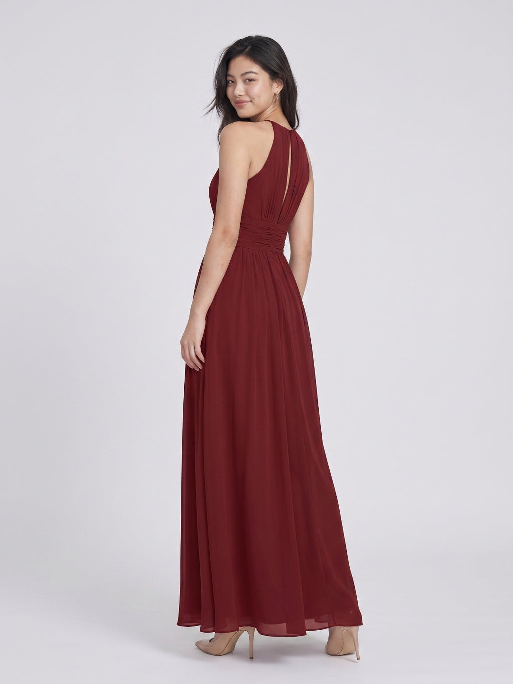 Burgundy Chiffon A-Line Halter Neckline Keyhole Back Floor-Length Bridesmaid Dress with Pleating