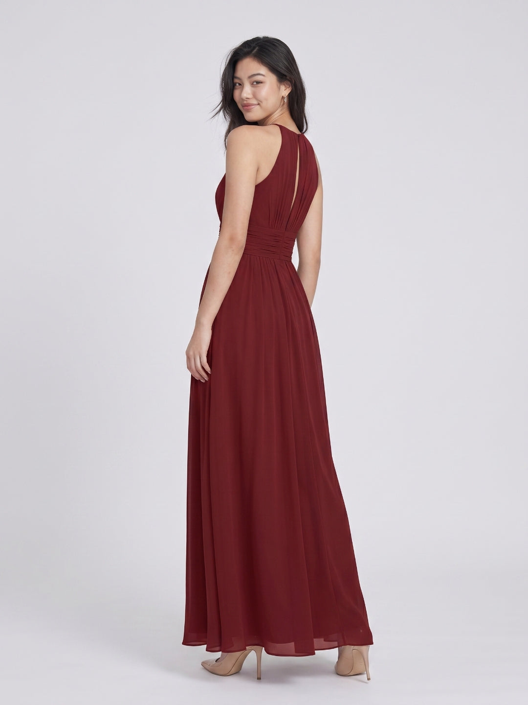 Burgundy Chiffon A-Line Halter Neckline Keyhole Back Floor-Length Bridesmaid Dress with Pleating