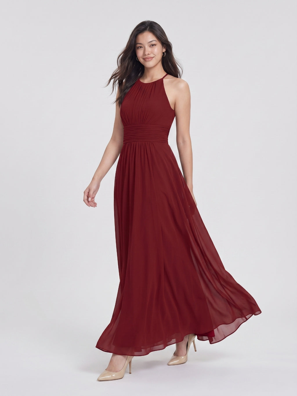 Burgundy Chiffon A-Line Halter Neckline Keyhole Back Floor-Length Bridesmaid Dress with Pleating