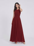 Burgundy Chiffon A-Line Halter Neckline Keyhole Back Floor-Length Bridesmaid Dress with Pleating