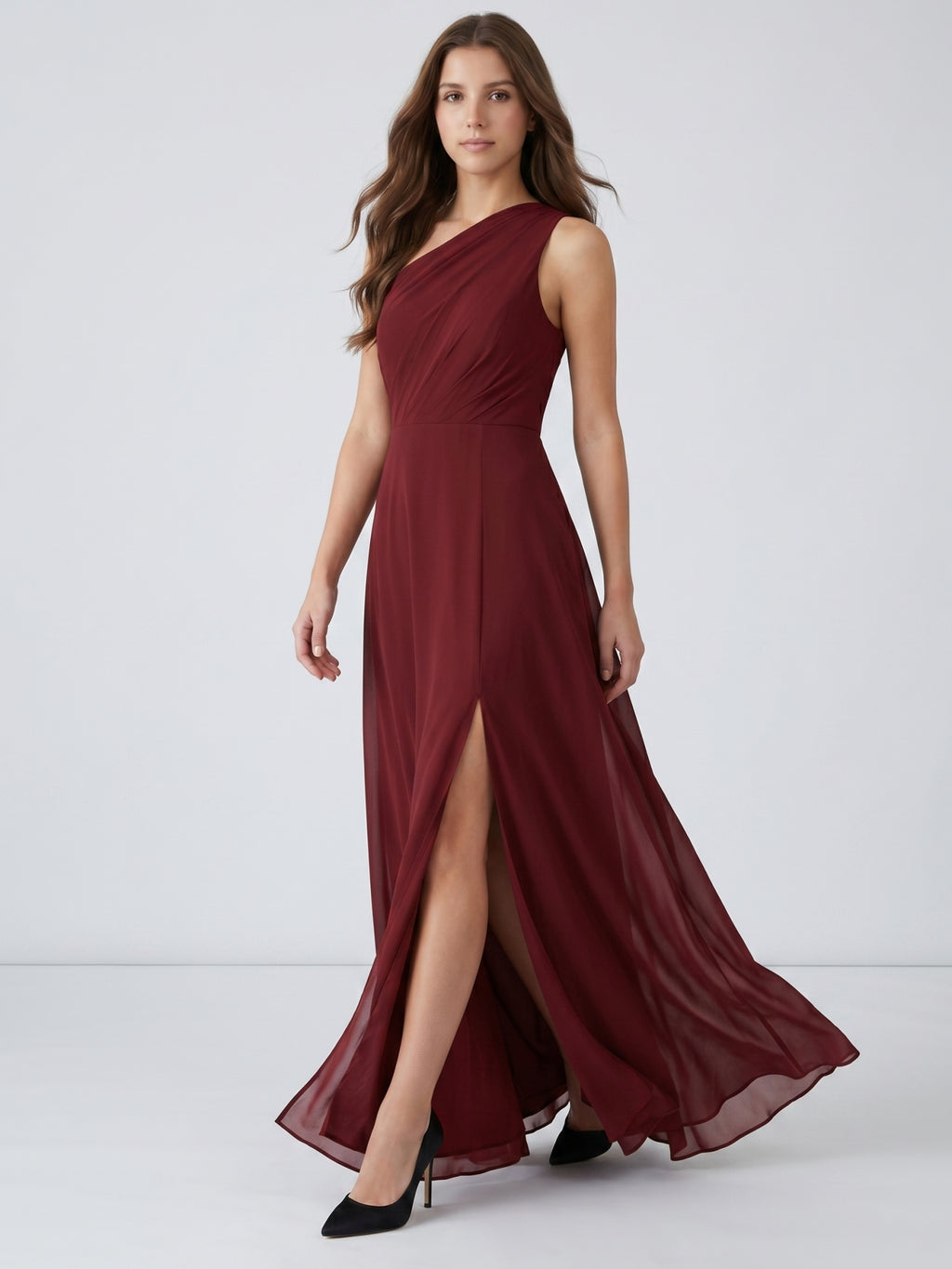 Burgundy Chiffon A-Line One Shoulder Lace-up Ankle-Length Bridesmaid Dress