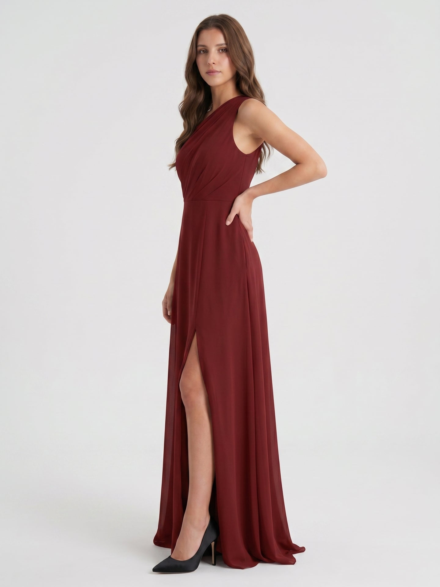 Burgundy Chiffon A-Line One Shoulder Lace-up Ankle-Length Bridesmaid Dress