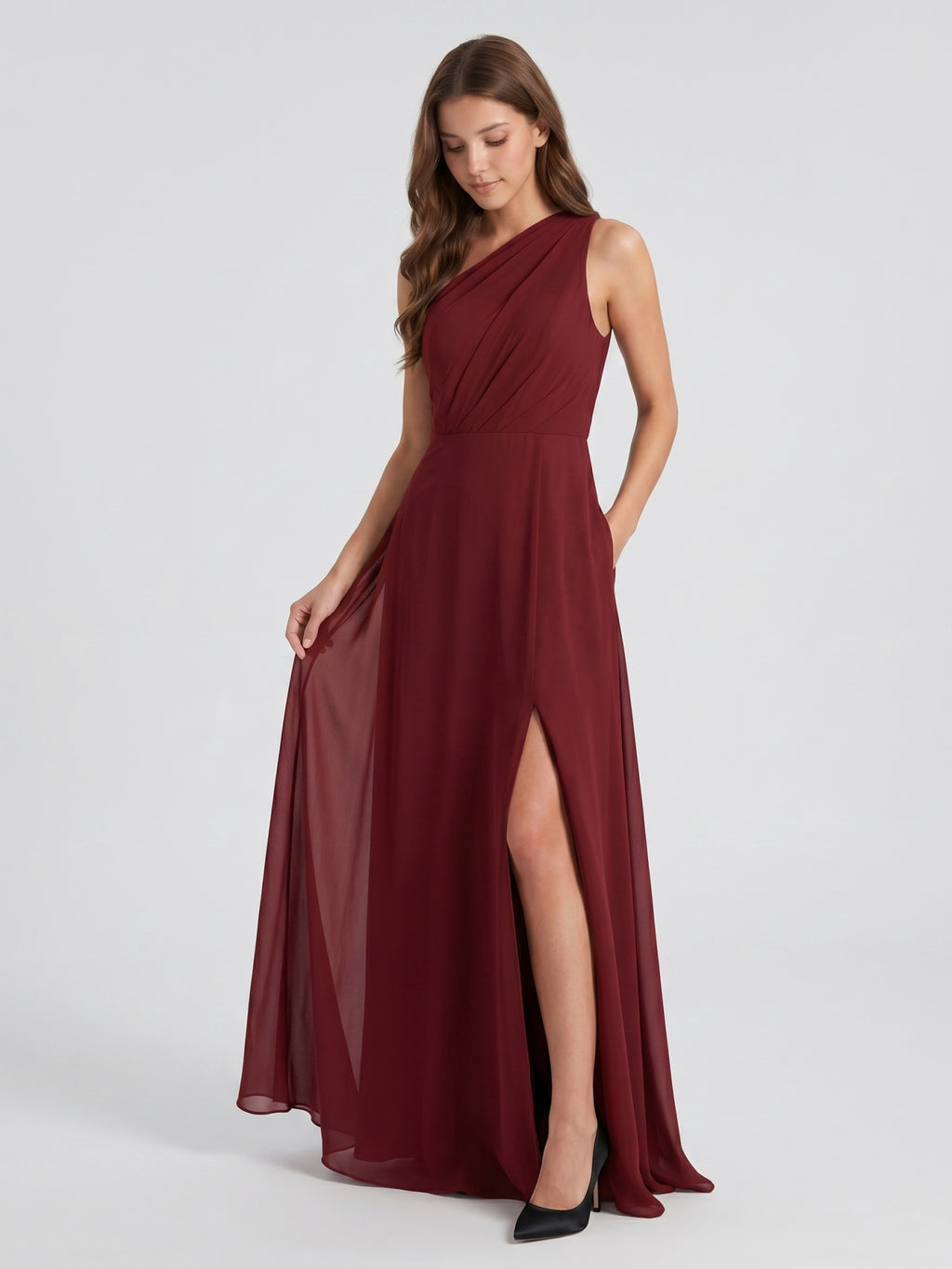 Burgundy Chiffon A-Line One Shoulder Lace-up Ankle-Length Bridesmaid Dress