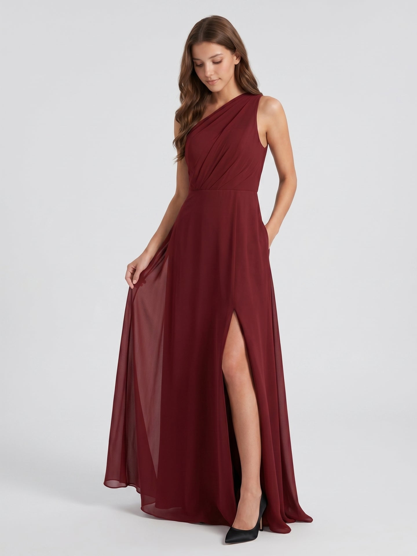 Burgundy Chiffon A-Line One Shoulder Lace-up Ankle-Length Bridesmaid Dress