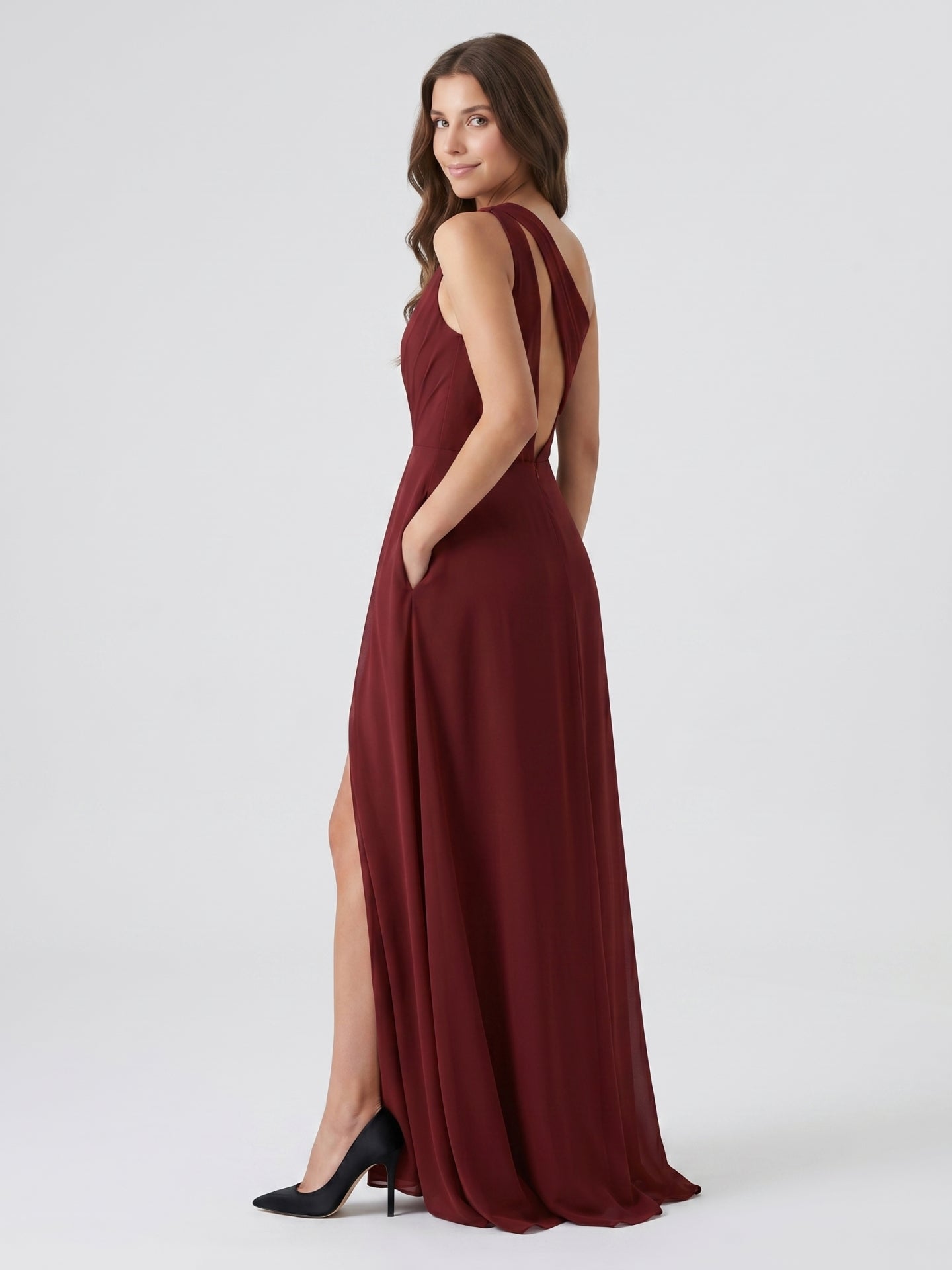 Burgundy Chiffon A-Line One Shoulder Lace-up Ankle-Length Bridesmaid Dress