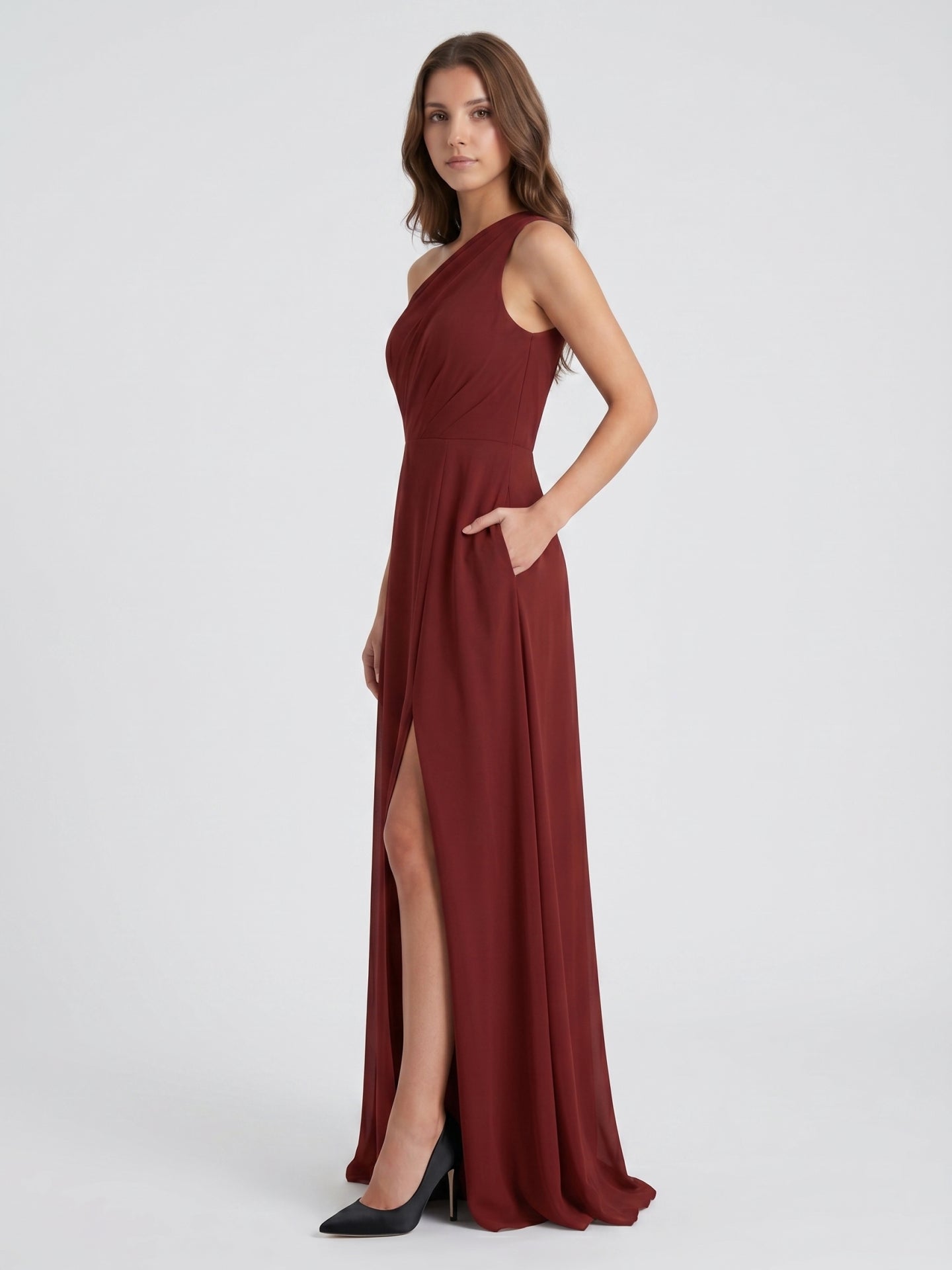 Burgundy Chiffon A-Line One Shoulder Lace-up Ankle-Length Bridesmaid Dress