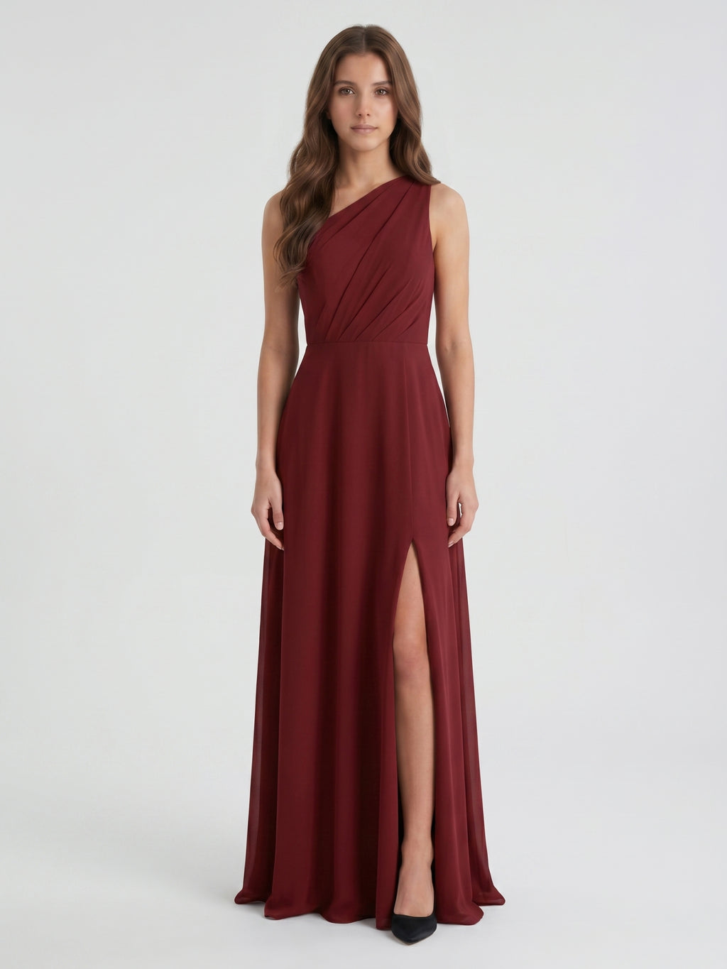 Burgundy Chiffon A-Line One Shoulder Lace-up Ankle-Length Bridesmaid Dress