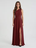 Burgundy Chiffon A-Line One Shoulder Lace-up Ankle-Length Bridesmaid Dress