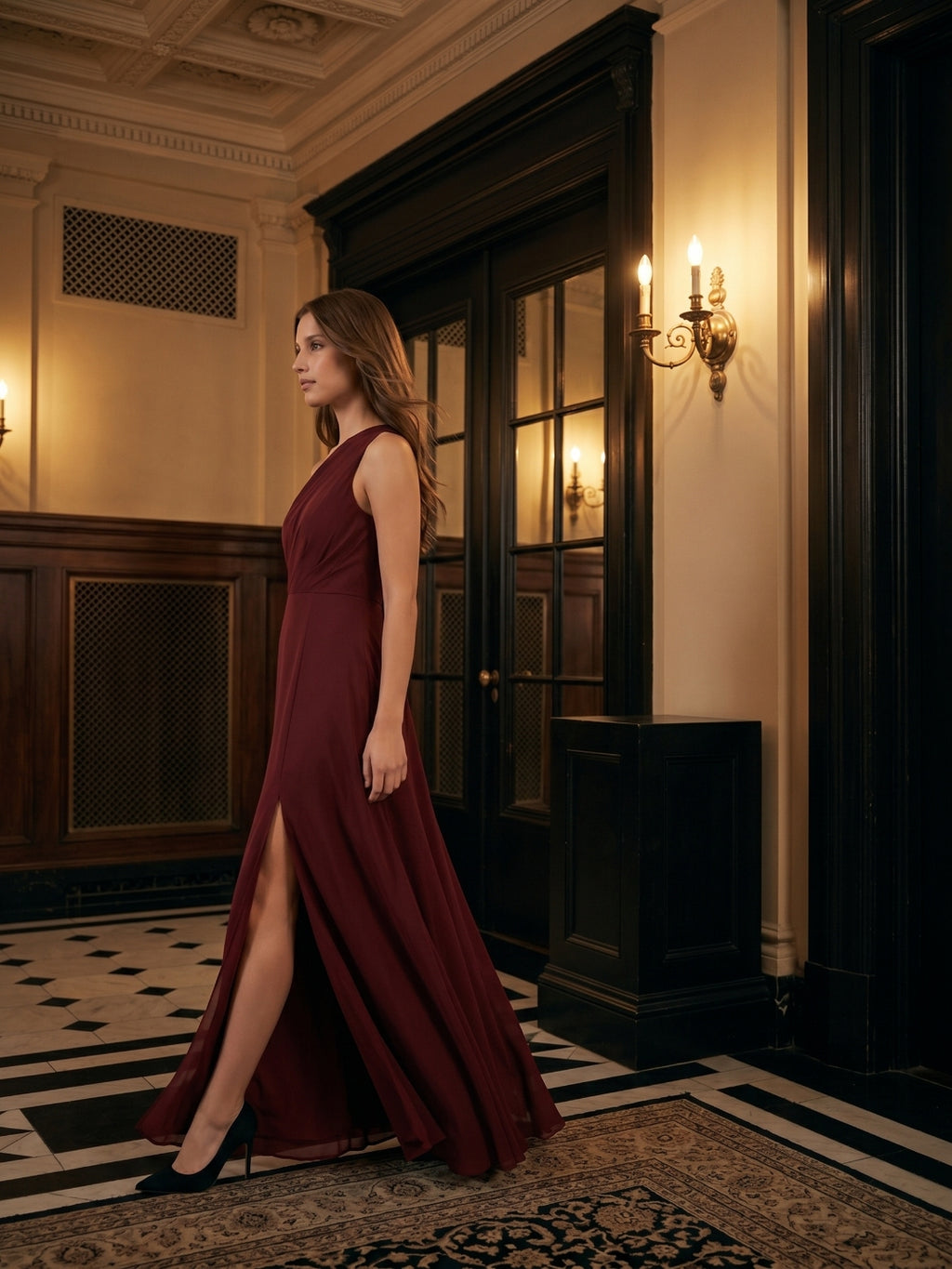 Burgundy Chiffon A-Line One Shoulder Lace-up Ankle-Length Bridesmaid Dress