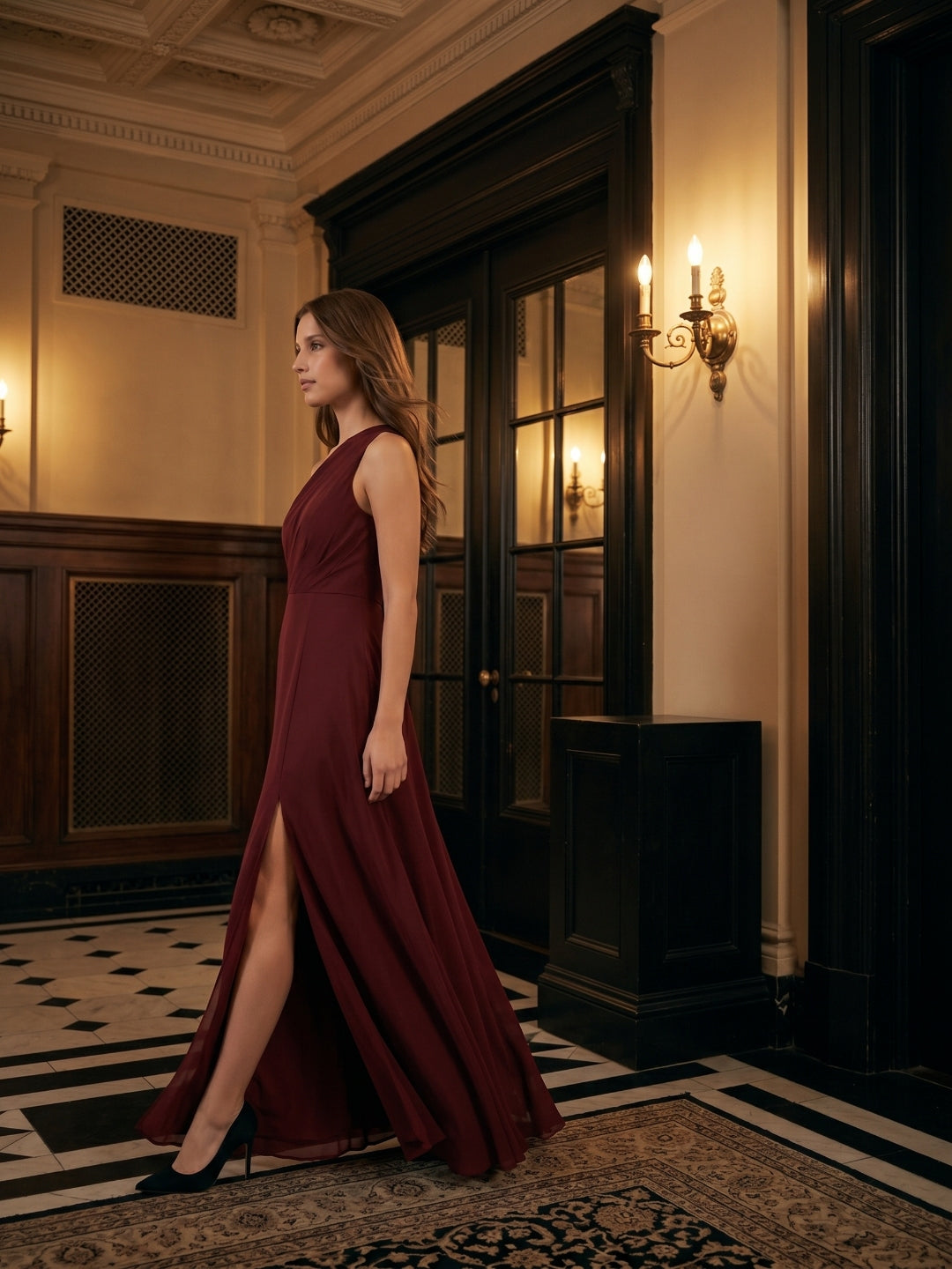 Burgundy Chiffon A-Line One Shoulder Lace-up Ankle-Length Bridesmaid Dress
