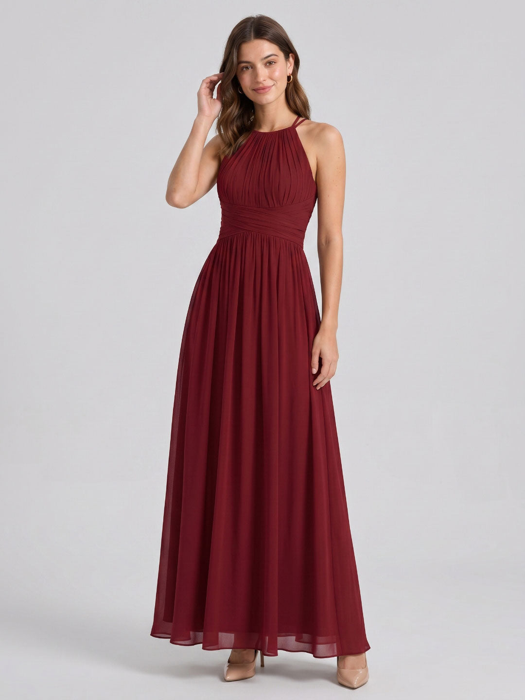 Burgundy Chiffon A-Line Scoop Neck Back Zip Floor-Length Bridesmaid Dress with Ruffles