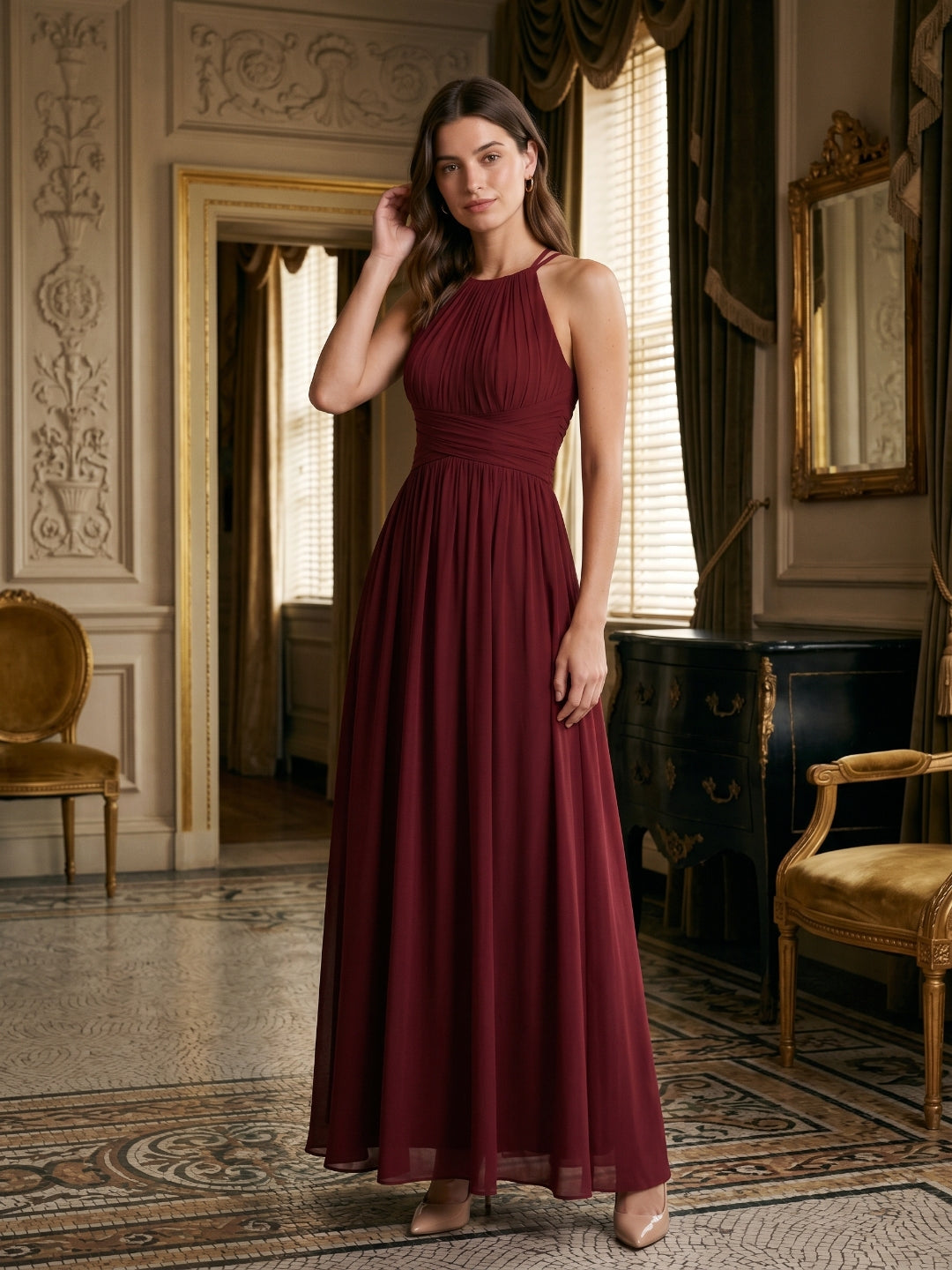 Burgundy Chiffon A-Line Scoop Neck Back Zip Floor-Length Bridesmaid Dress with Ruffles