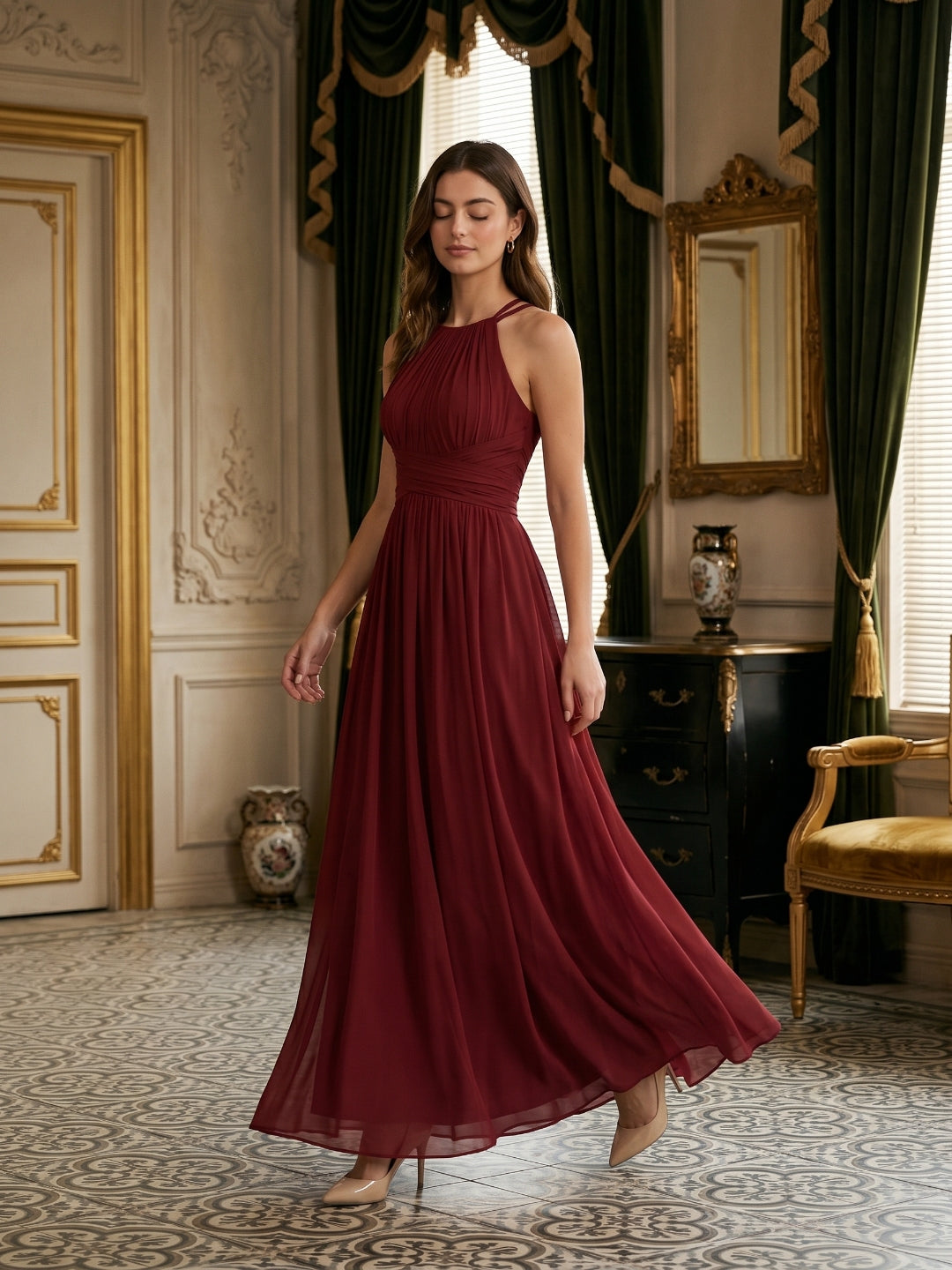 Burgundy Chiffon A-Line Scoop Neck Back Zip Floor-Length Bridesmaid Dress with Ruffles