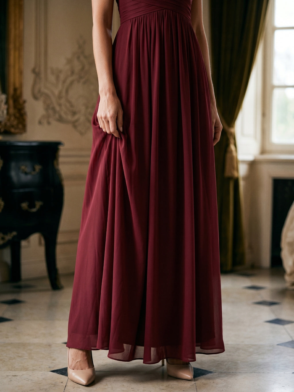 Burgundy Chiffon A-Line Scoop Neck Back Zip Floor-Length Bridesmaid Dress with Ruffles