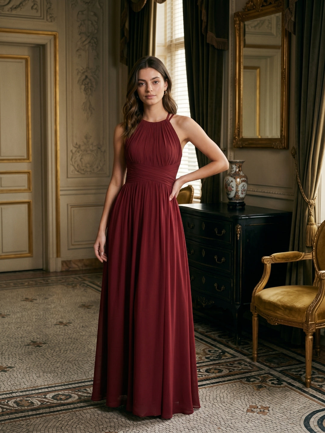 Burgundy Chiffon A-Line Scoop Neck Back Zip Floor-Length Bridesmaid Dress with Ruffles