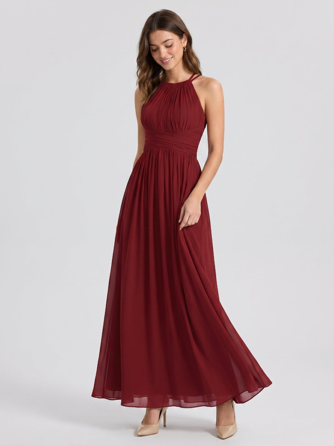 Burgundy Chiffon A-Line Scoop Neck Back Zip Floor-Length Bridesmaid Dress with Ruffles