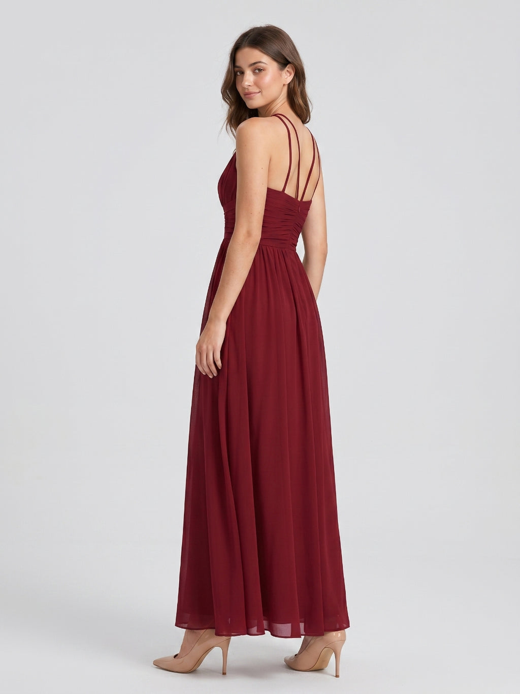 Burgundy Chiffon A-Line Scoop Neck Back Zip Floor-Length Bridesmaid Dress with Ruffles