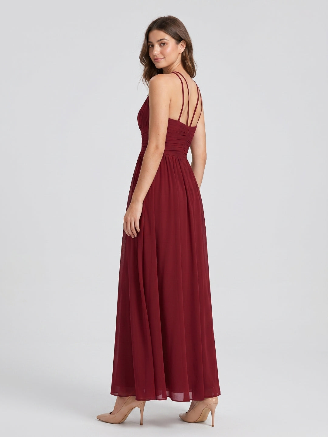 Burgundy Chiffon A-Line Scoop Neck Back Zip Floor-Length Bridesmaid Dress with Ruffles