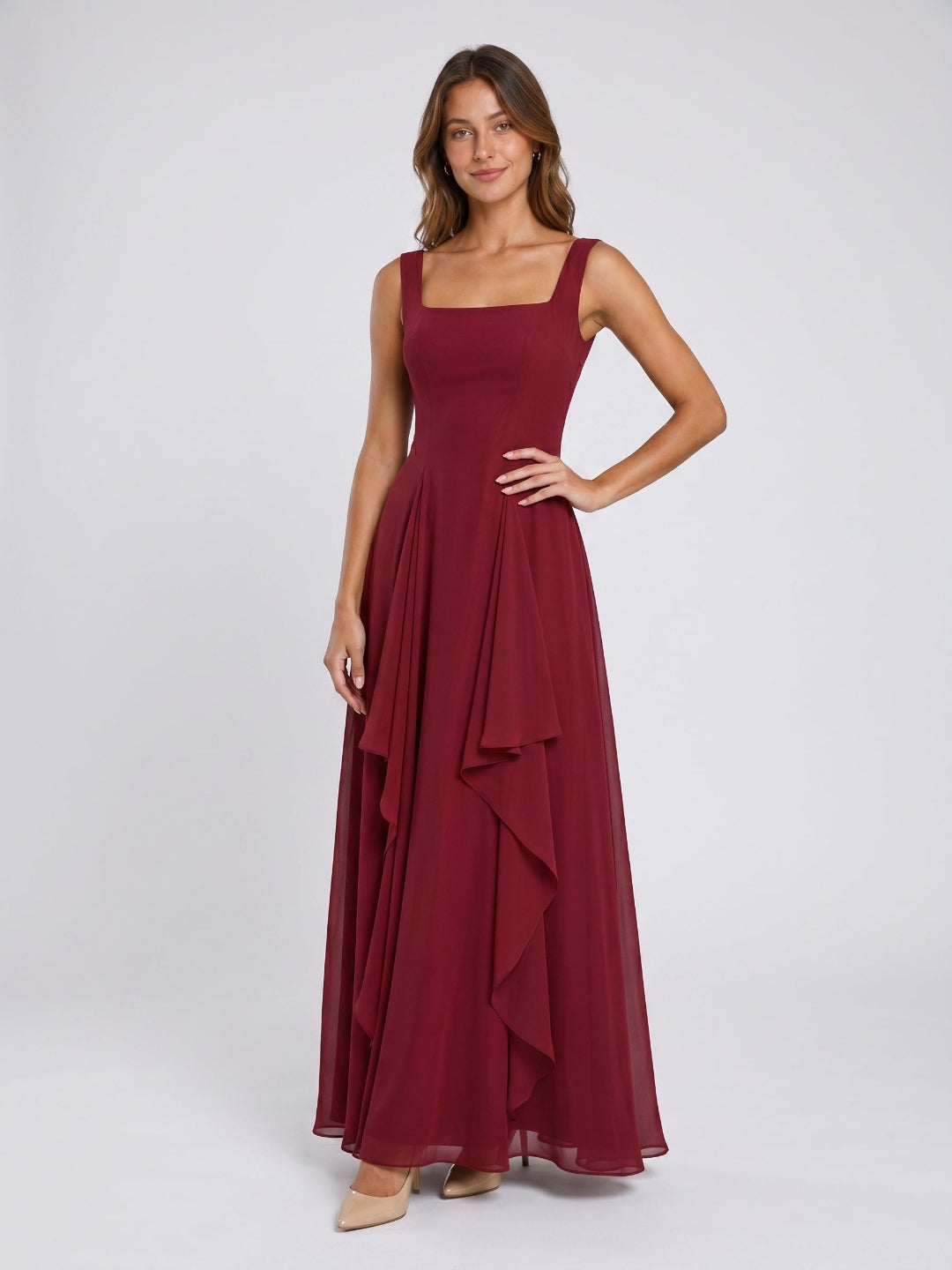 Burgundy Chiffon A-Line Square Criss-Cross Floor Dress with Ruffles