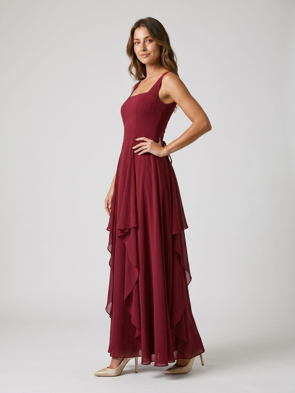 Burgundy Chiffon A-Line Square Criss-Cross Floor Dress with Ruffles