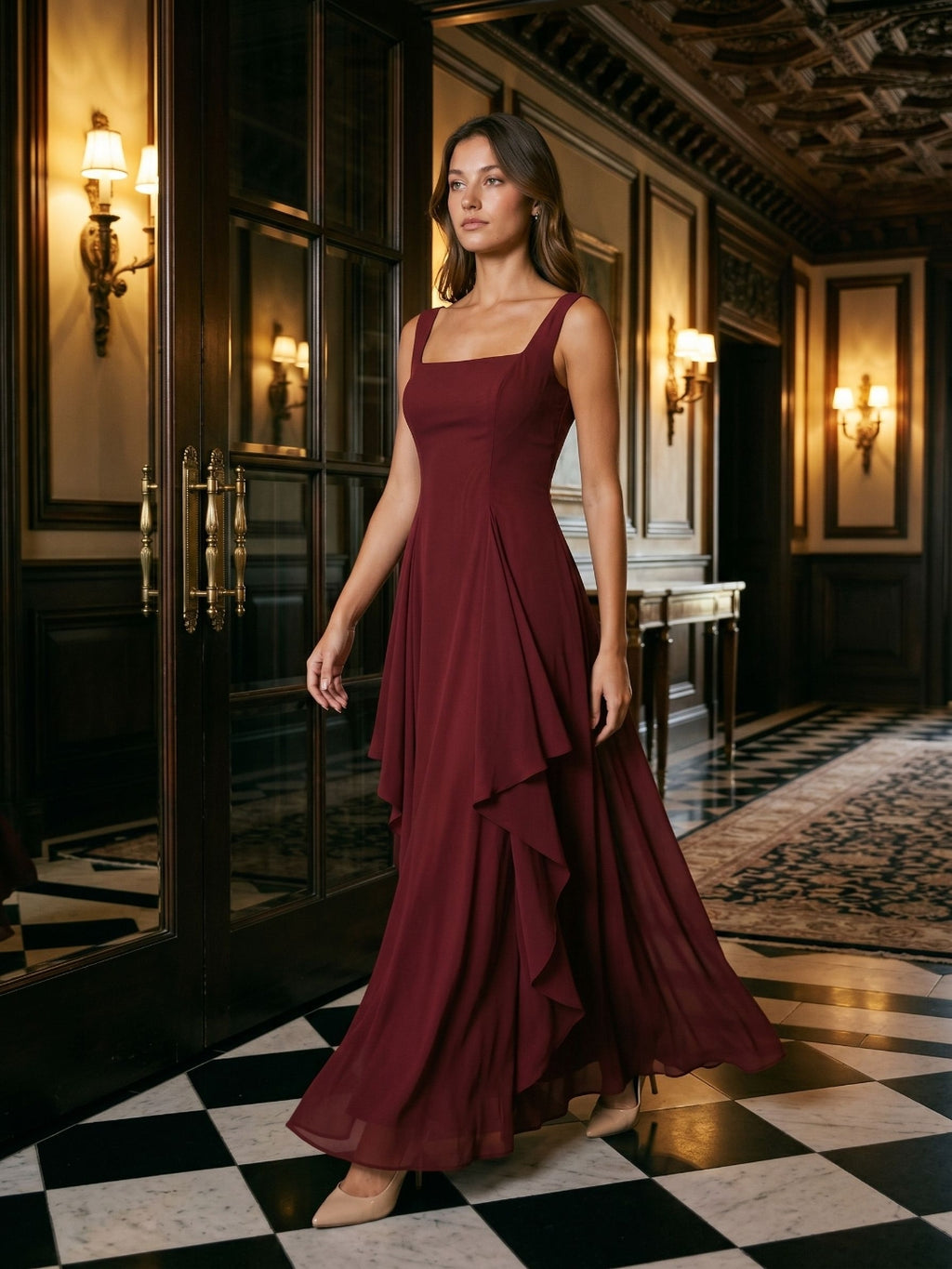 Burgundy Chiffon A-Line Square Criss-Cross Floor Dress with Ruffles