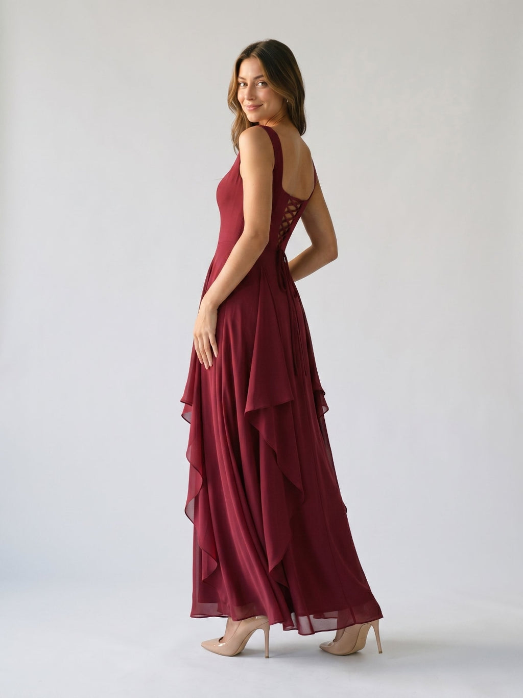 Burgundy Chiffon A-Line Square Criss-Cross Floor Dress with Ruffles