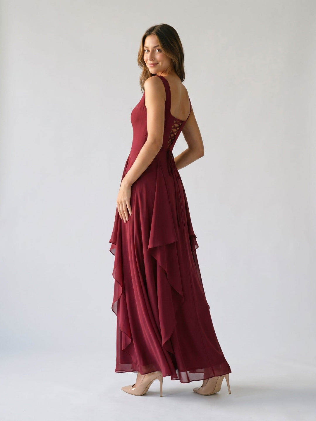 Burgundy Chiffon A-Line Square Criss-Cross Floor Dress with Ruffles
