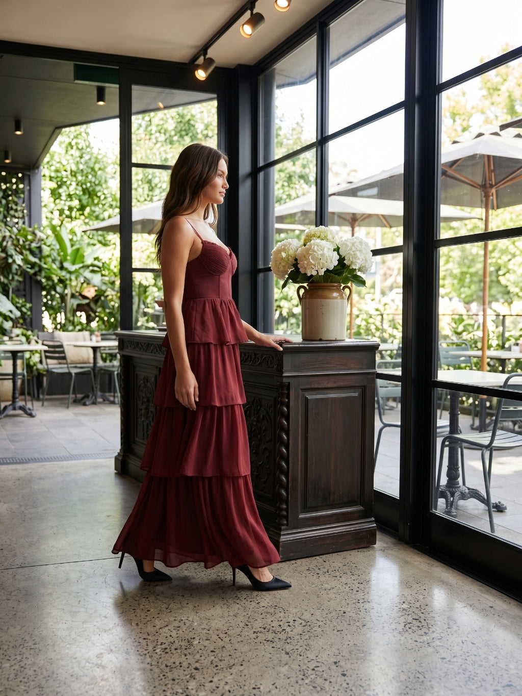 Burgundy Chiffon A-Line Sweetheart Backless Ankle-Length Bridesmaid Dress with Ruffles